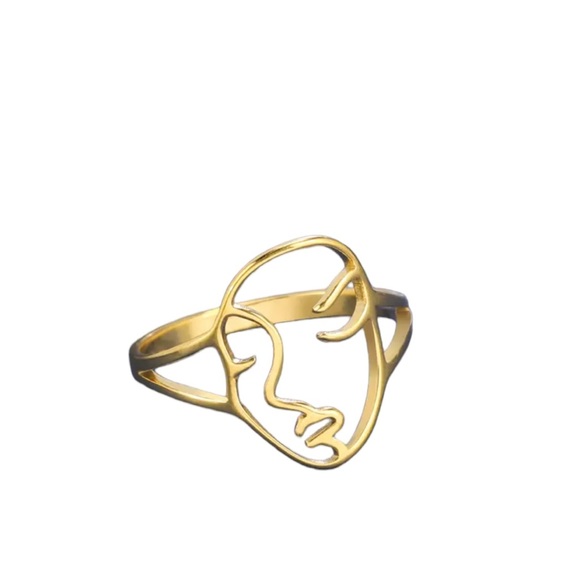 Stainless Steel Gold Abstract Face Design Ring - Picture 2 of 6